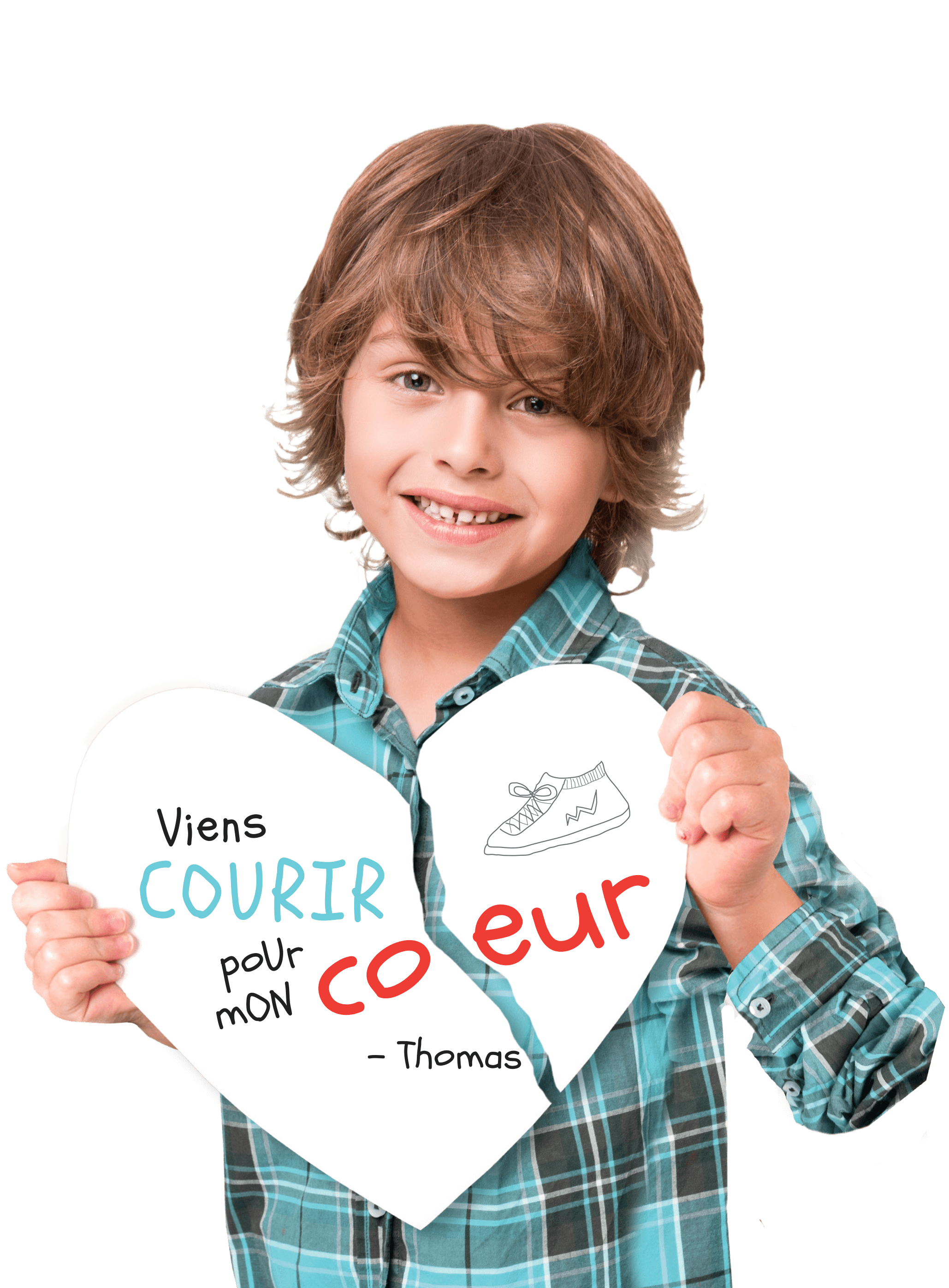 Fondation En Coeur - Petit garçon avec pancarte "Viens Courrir pour mon coeur"